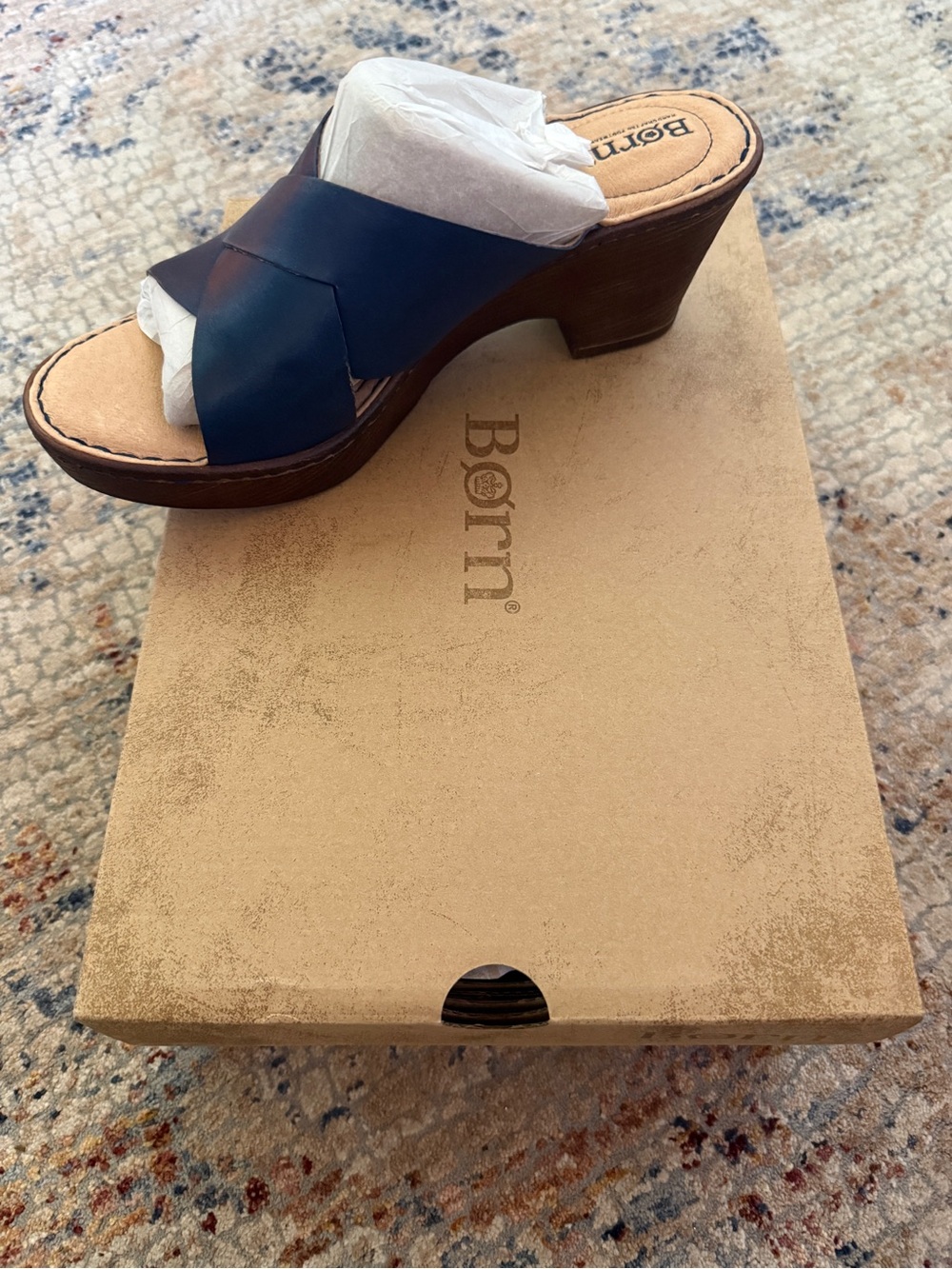 Born Navy Leather Crossover Wedge Sandals with Wood-Effect Heel - Picture 4 of 9